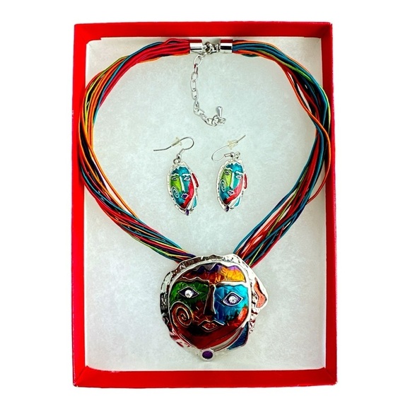 None Jewelry - Multicolor Metal & Enamel with Rhinestones Necklace & Earrings Set